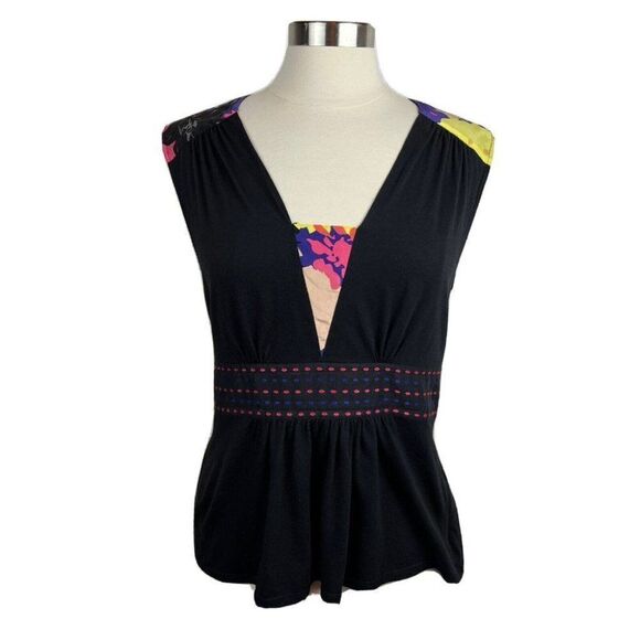 Plenty Tracy Reese Tank Top M Womens Black Floral Print Cotton Blend V Neck - Picture 1 of 9